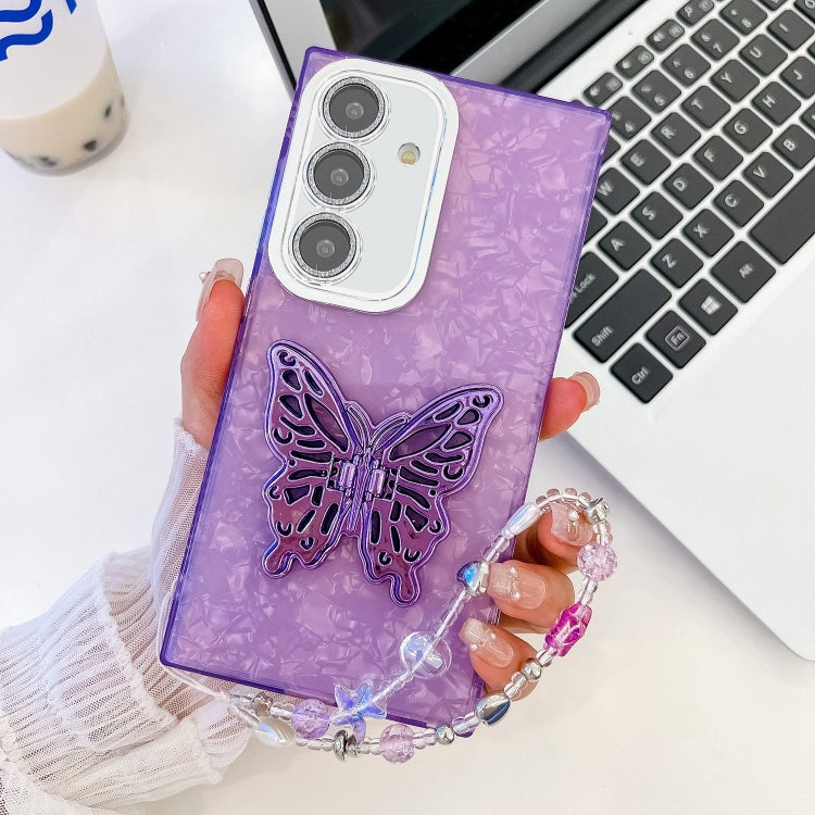 Plating Glitter Lens Film Texture Butterfly Holder Wristband Phone Case, For Samsung Galaxy S24 FE 5G