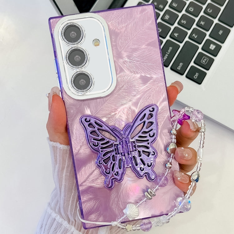 Plating Glitter Lens Film Texture Butterfly Holder Wristband Phone Case, For Samsung Galaxy S24 FE 5G