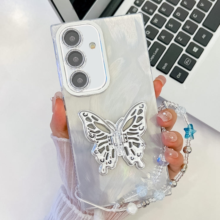 Plating Glitter Lens Film Texture Butterfly Holder Wristband Phone Case, For Samsung Galaxy S24 FE 5G