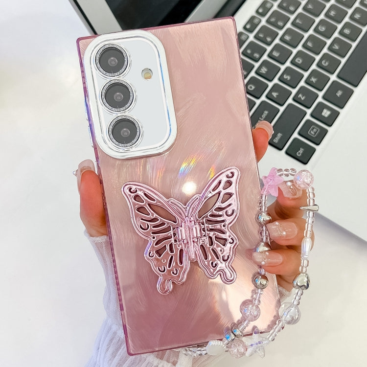 Plating Glitter Lens Film Texture Butterfly Holder Wristband Phone Case, For Samsung Galaxy S24 FE 5G