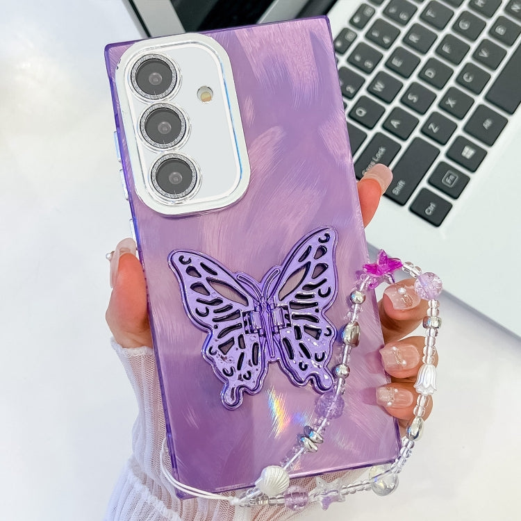 Plating Glitter Lens Film Texture Butterfly Holder Wristband Phone Case, For Samsung Galaxy S24 FE 5G