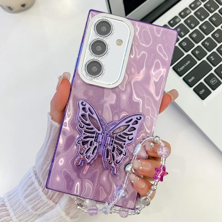 Plating Glitter Lens Film Texture Butterfly Holder Wristband Phone Case, For Samsung Galaxy S24 FE 5G