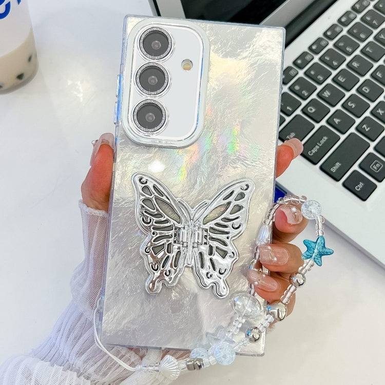 Plating Glitter Lens Film Texture Butterfly Holder Wristband Phone Case, For Samsung Galaxy S24 FE 5G