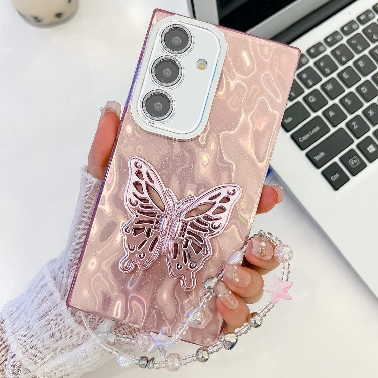 Plating Glitter Lens Film Texture Butterfly Holder Wristband Phone Case, For Samsung Galaxy S24 FE 5G