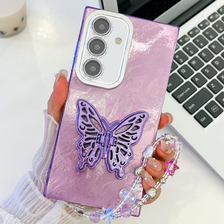 Plating Glitter Lens Film Texture Butterfly Holder Wristband Phone Case, For Samsung Galaxy S24 FE 5G