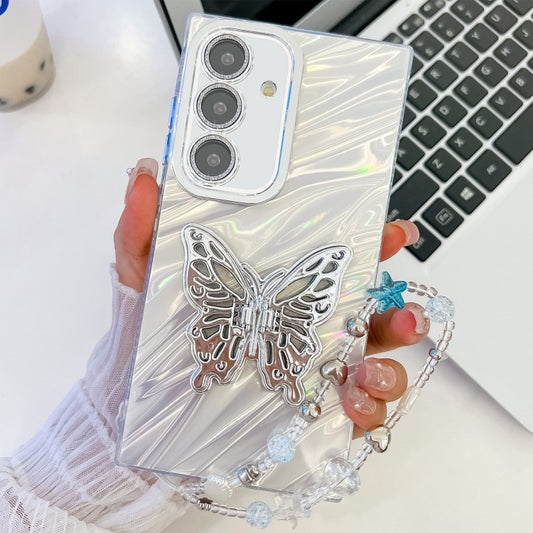 Plating Glitter Lens Film Texture Butterfly Holder Wristband Phone Case, For Samsung Galaxy A15 5G