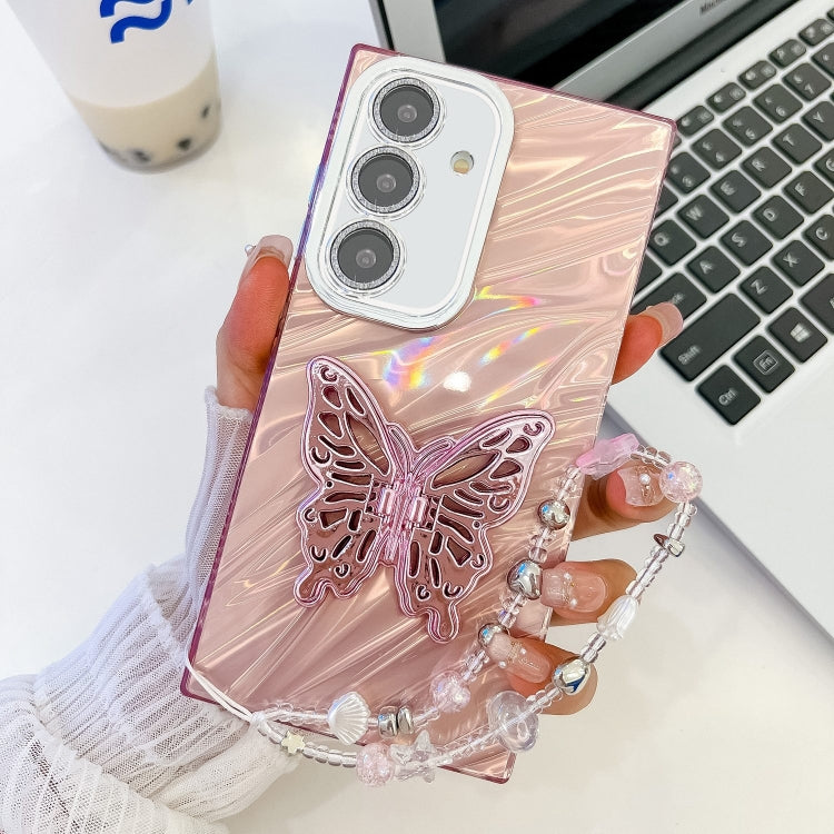 Plating Glitter Lens Film Texture Butterfly Holder Wristband Phone Case, For Samsung Galaxy A15 5G