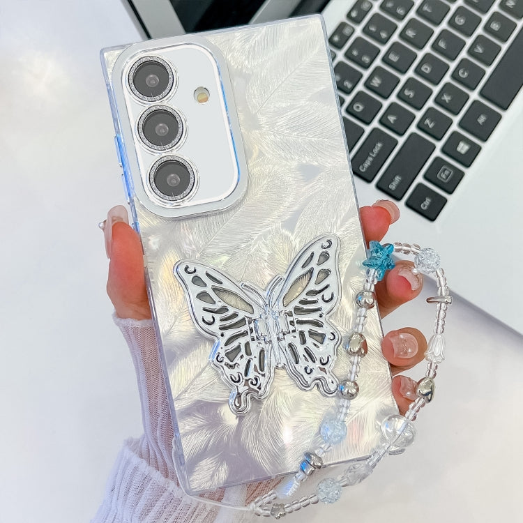 Plating Glitter Lens Film Texture Butterfly Holder Wristband Phone Case, For Samsung Galaxy A15 5G