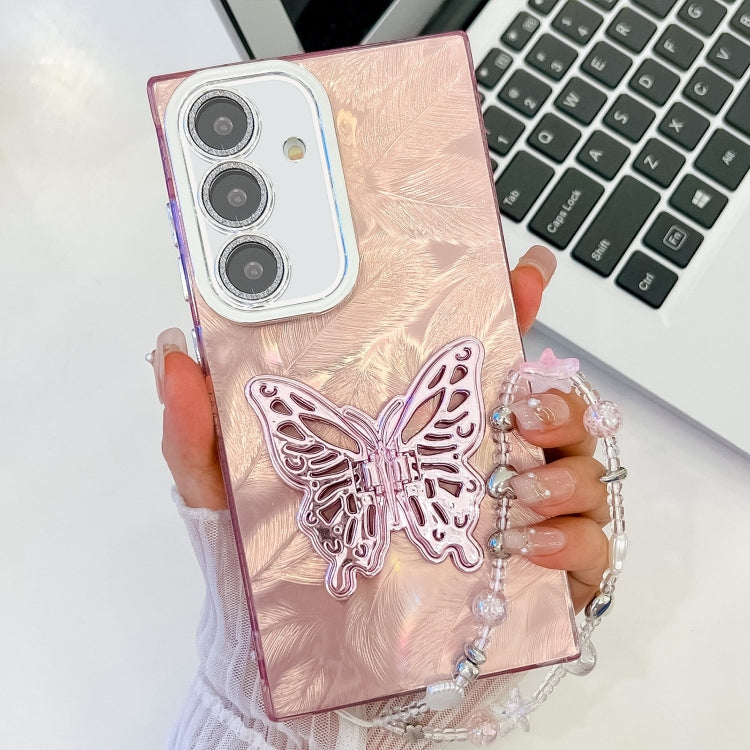 Plating Glitter Lens Film Texture Butterfly Holder Wristband Phone Case, For Samsung Galaxy A15 5G