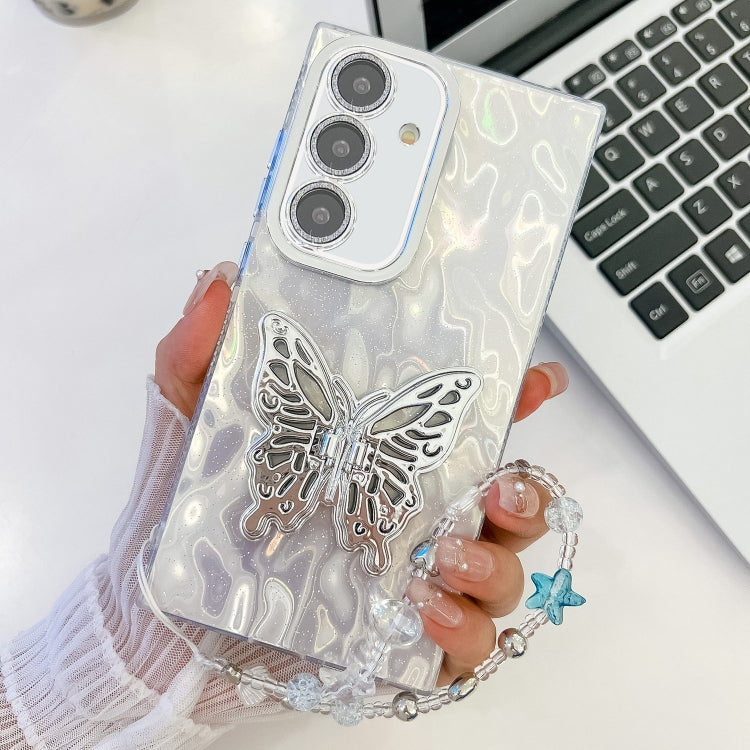 Plating Glitter Lens Film Texture Butterfly Holder Wristband Phone Case, For Samsung Galaxy A15 5G