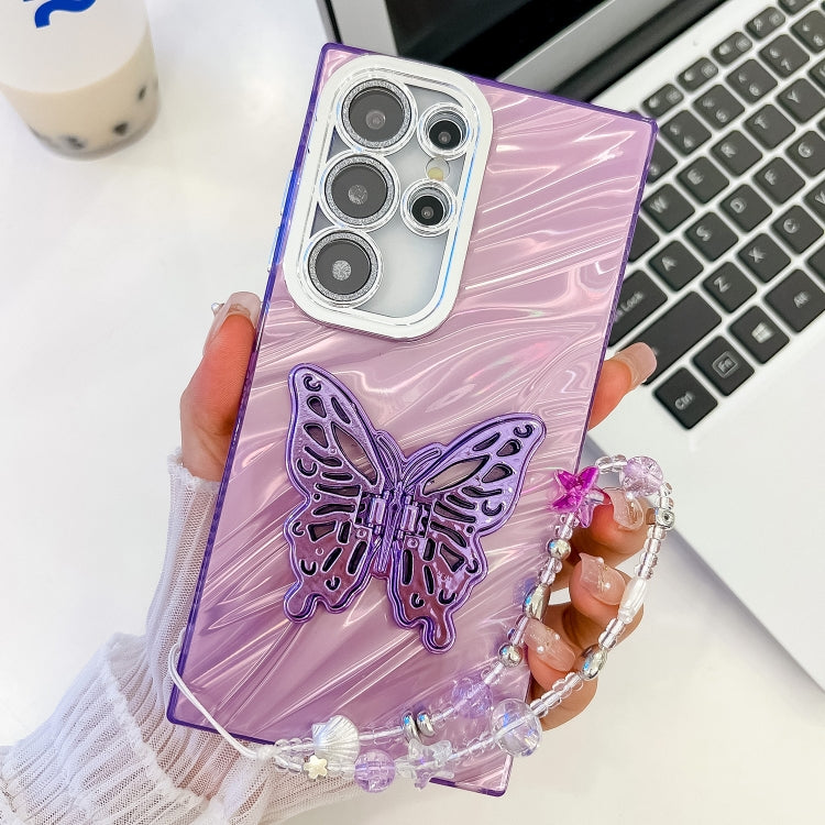 Plating Glitter Lens Film Texture Butterfly Holder Wristband Phone Case, For Samsung Galaxy S24 Ultra 5G