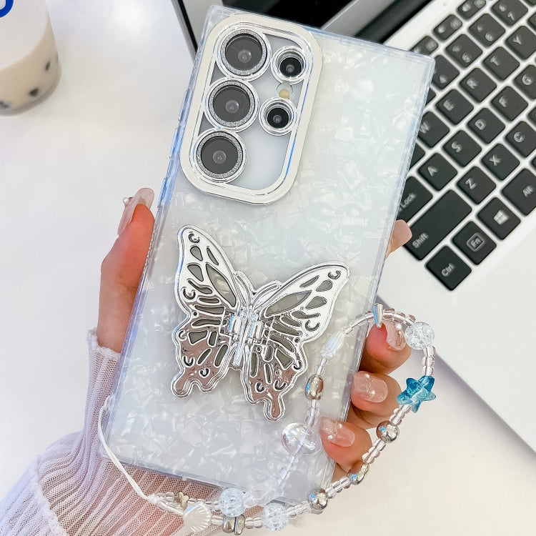 Plating Glitter Lens Film Texture Butterfly Holder Wristband Phone Case, For Samsung Galaxy S24 Ultra 5G