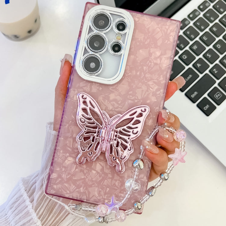 Plating Glitter Lens Film Texture Butterfly Holder Wristband Phone Case, For Samsung Galaxy S24 Ultra 5G