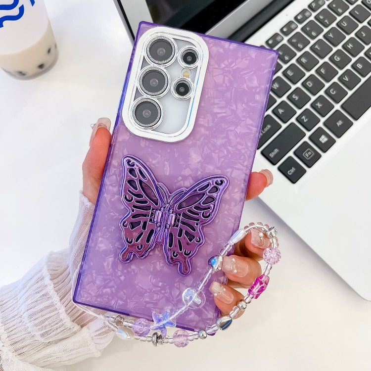 Plating Glitter Lens Film Texture Butterfly Holder Wristband Phone Case, For Samsung Galaxy S24 Ultra 5G