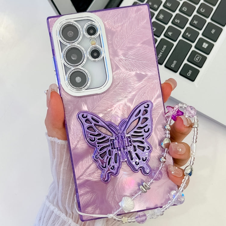 Plating Glitter Lens Film Texture Butterfly Holder Wristband Phone Case, For Samsung Galaxy S24 Ultra 5G