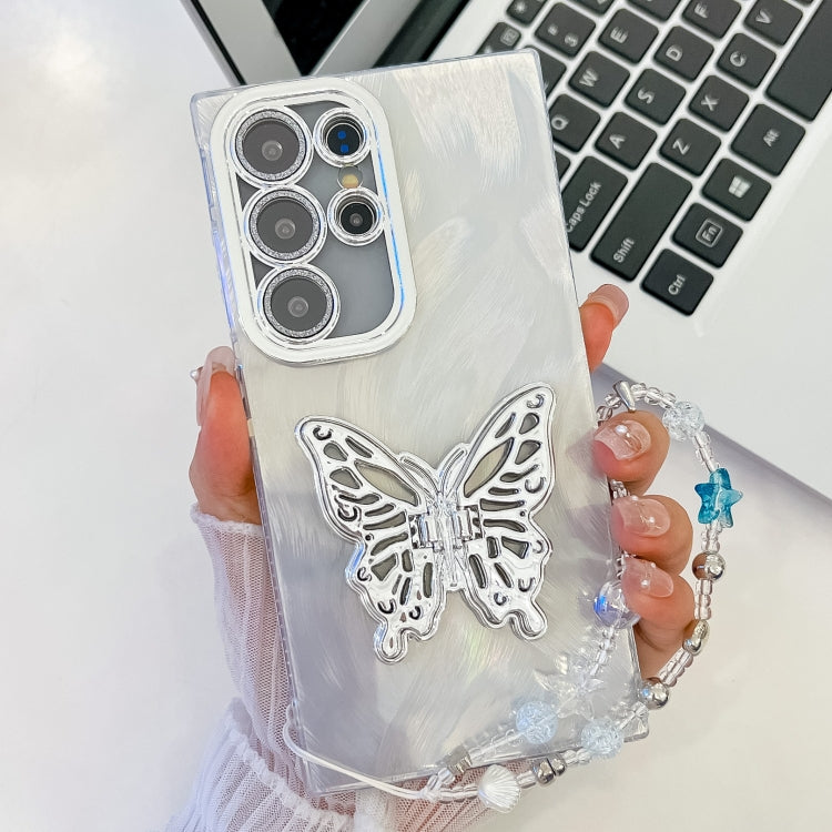 Plating Glitter Lens Film Texture Butterfly Holder Wristband Phone Case, For Samsung Galaxy S24 Ultra 5G