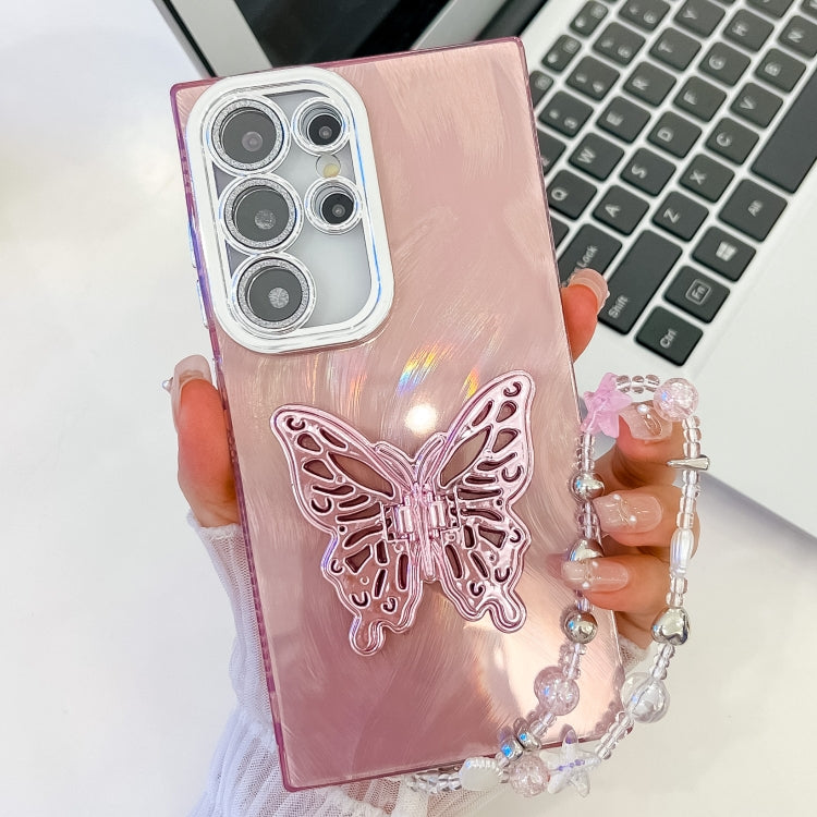 Plating Glitter Lens Film Texture Butterfly Holder Wristband Phone Case, For Samsung Galaxy S24 Ultra 5G