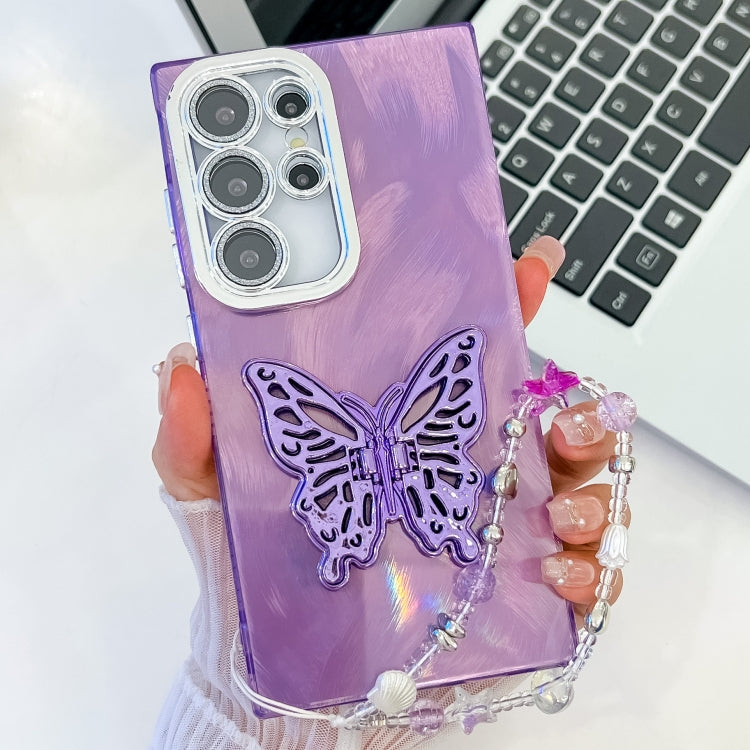 Plating Glitter Lens Film Texture Butterfly Holder Wristband Phone Case, For Samsung Galaxy S24 Ultra 5G