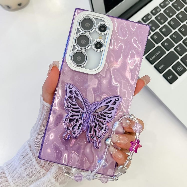 Plating Glitter Lens Film Texture Butterfly Holder Wristband Phone Case, For Samsung Galaxy S24 Ultra 5G