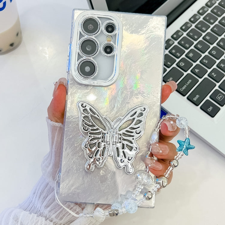 Plating Glitter Lens Film Texture Butterfly Holder Wristband Phone Case, For Samsung Galaxy S24 Ultra 5G