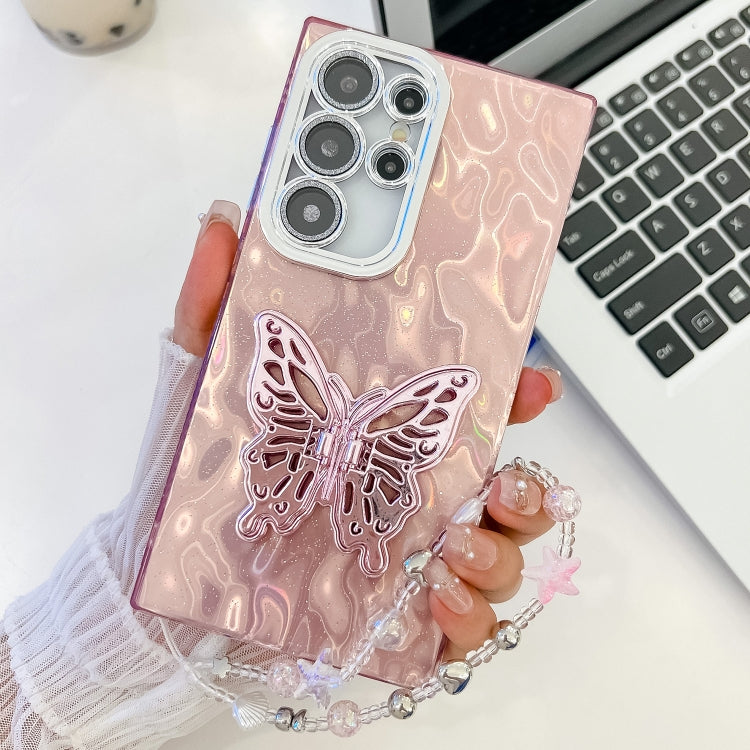 Plating Glitter Lens Film Texture Butterfly Holder Wristband Phone Case, For Samsung Galaxy S24 Ultra 5G