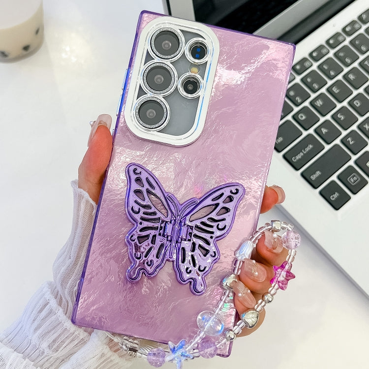 Plating Glitter Lens Film Texture Butterfly Holder Wristband Phone Case, For Samsung Galaxy S24 Ultra 5G