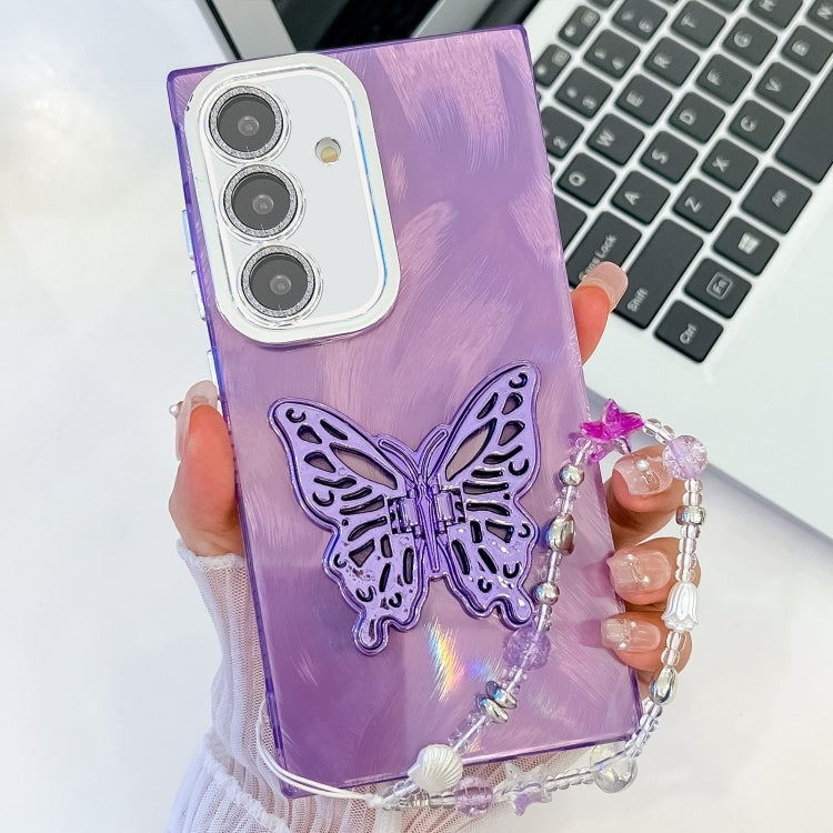 Plating Glitter Lens Film Texture Butterfly Holder Wristband Phone Case, For Samsung Galaxy S25 5G