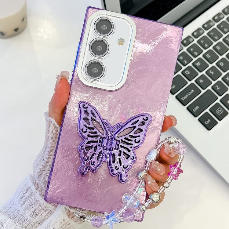 Plating Glitter Lens Film Texture Butterfly Holder Wristband Phone Case, For Samsung Galaxy S25 5G