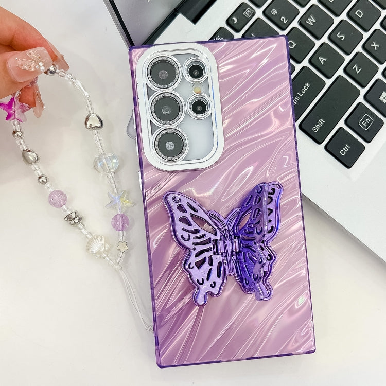 Plating Glitter Lens Film Texture Butterfly Holder Wristband Phone Case, For Samsung Galaxy S24+ 5G