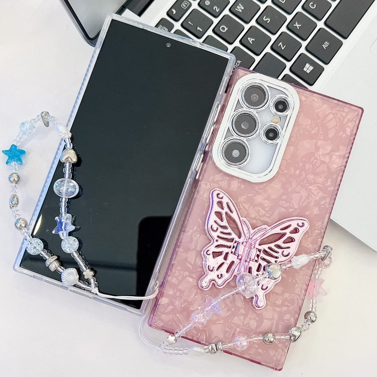 Plating Glitter Lens Film Texture Butterfly Holder Wristband Phone Case, For Samsung Galaxy S24 Ultra 5G