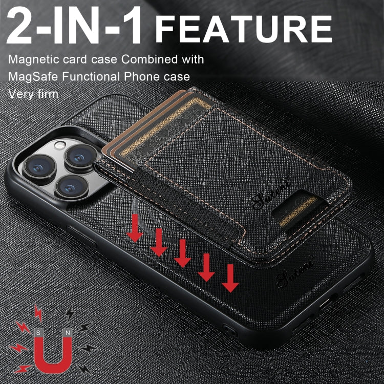 Suteni H17 Cross Grain Leather MagSafe Detachable Wallet Phone Case, For iPhone 16 Pro Max, For iPhone 16 Pro, For iPhone 16 Plus, For iPhone 16, For iPhone 15 Pro Max, For iPhone 15 Pro, For iPhone 15 Plus, For iPhone 15, For iPhone 14 Plus