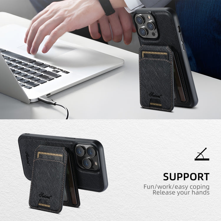 Suteni H18 Cross Grain MagSafe Wallet Leather Phone Case, For iPhone 16 Pro Max, For iPhone 16 Pro, For iPhone 16 Plus, For iPhone 16, For iPhone 15 Pro Max, For iPhone 15 Pro, For iPhone 15 Plus, For iPhone 15, For iPhone 14 Plus, For iPhone 14