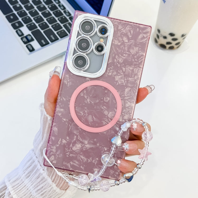 Plating Texture Wristband MagSafe TPU Phone Case with Glitter Lens Film, For Samsung Galaxy S23 Ultra 5G