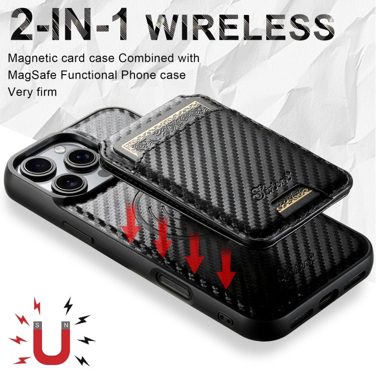 Suteni TXWH18 Carbon Fiber Texture Detachable Wallet MagSafe Phone Case, For iPhone 16 Pro Max, For iPhone 16 Pro, For iPhone 16 Plus, For iPhone 16, For iPhone 15 Pro Max, For iPhone 15 Pro, For iPhone 15 Plus, For iPhone 15, For iPhone 14 Plus