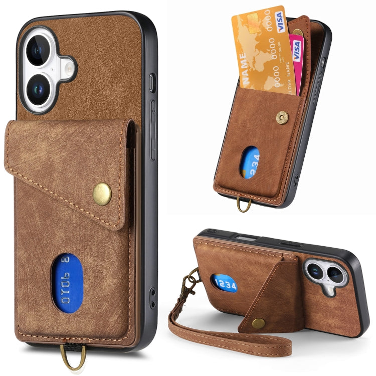 Retro Card Wallet Fold Leather Phone Case with Strap, For iPhone 16 Pro Max, For iPhone 16 Pro, For iPhone 16 Plus, For iPhone 16