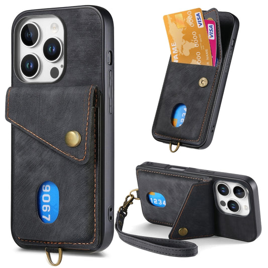 Retro Card Wallet Fold Leather Phone Case with Strap, For iPhone 16 Pro Max, For iPhone 16 Pro, For iPhone 16 Plus, For iPhone 16