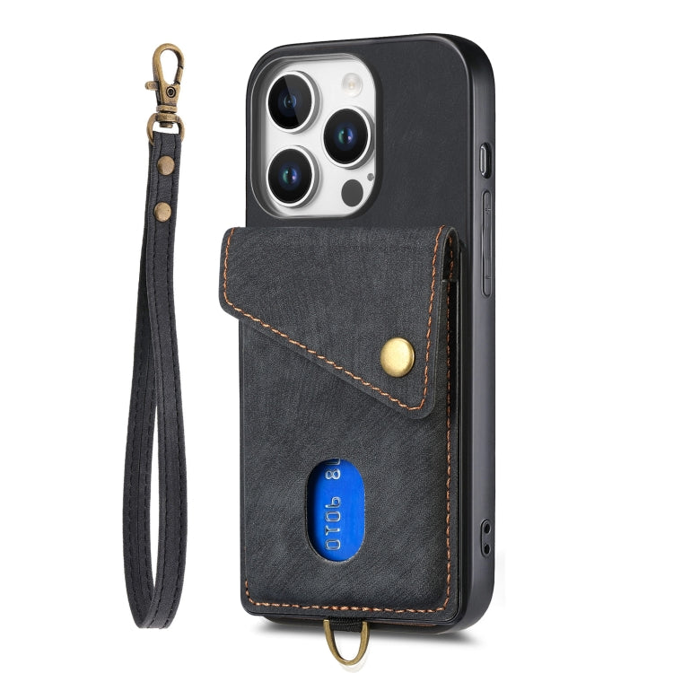 Retro Card Wallet Fold Leather Phone Case with Strap, For iPhone 16 Pro Max, For iPhone 16 Pro, For iPhone 16 Plus, For iPhone 16