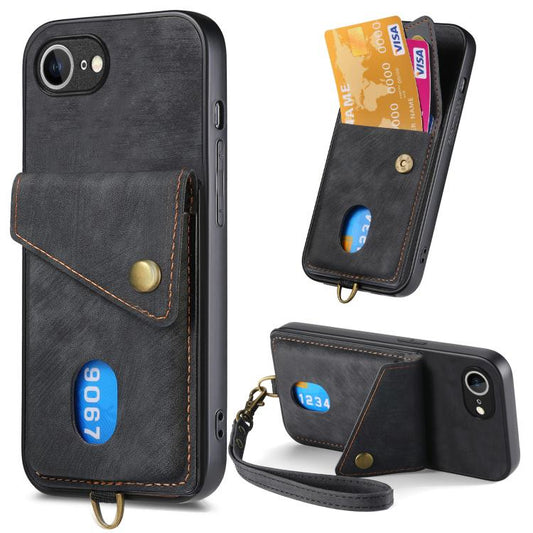 Retro Card Wallet Fold Leather Phone Case with Strap, iPhone 16e