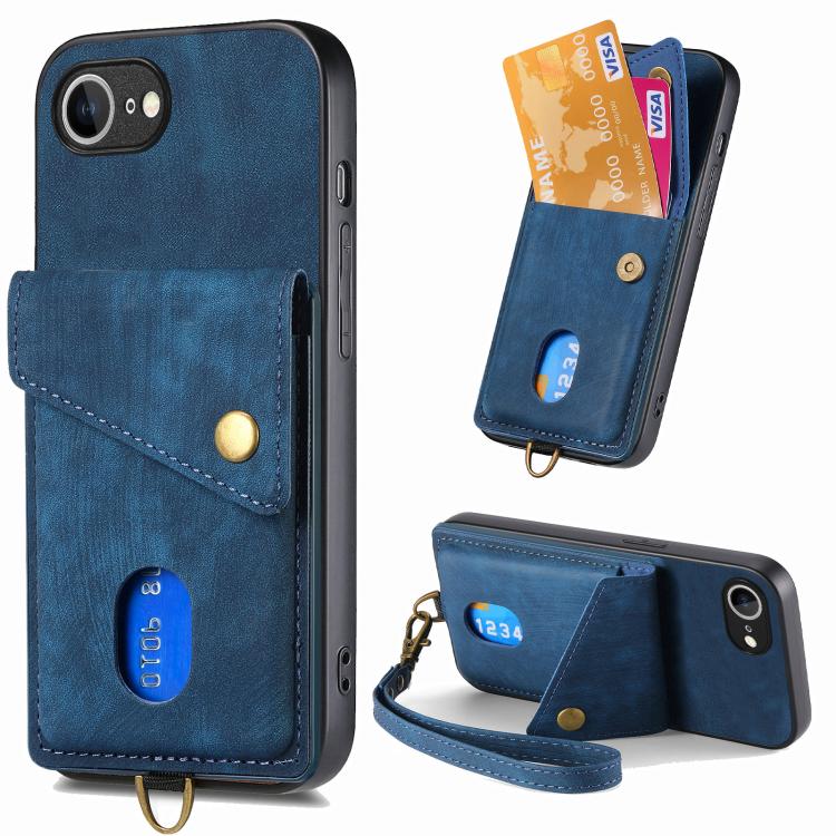 Retro Card Wallet Fold Leather Phone Case with Strap, iPhone 16e