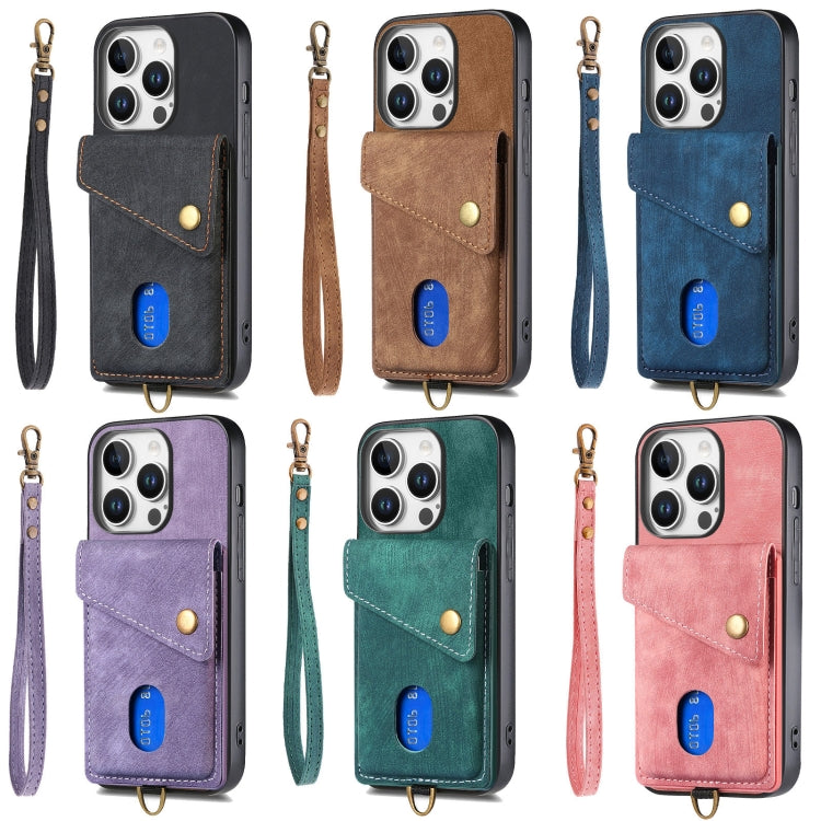 Retro Card Wallet Fold Leather Phone Case with Strap, iPhone 16e