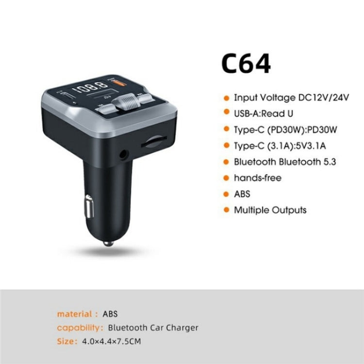 C64 MP3 Music Player Bluetooth 5.3 PD 30W Car Charger Handsfree Calling Audio Receiver, C64