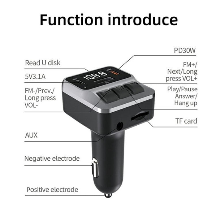 C65 Dual Type-C Port PD 30W Fast Charging Adapter Car Bluetooth FM Transmitter, C65