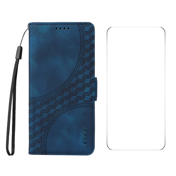 ENKAY Embossed Rhombus Starry Leather Phone Case with Screen Film, For iPhone 16 Pro Max, For iPhone 16 Pro, For iPhone 16 Plus, For iPhone 16