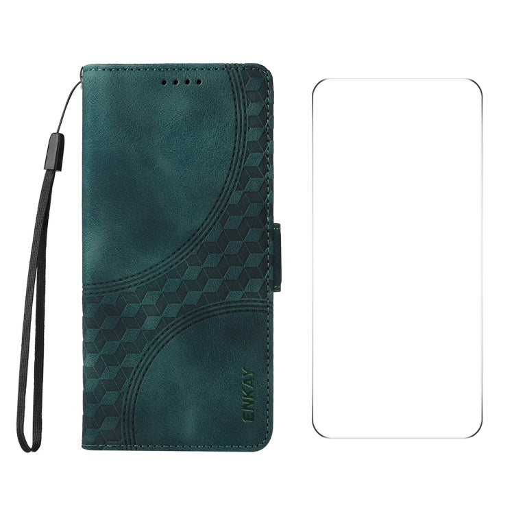 ENKAY Embossed Rhombus Starry Leather Phone Case with Screen Film, For iPhone 16 Pro Max, For iPhone 16 Pro, For iPhone 16 Plus, For iPhone 16