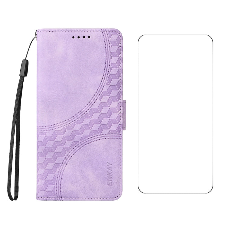 ENKAY Embossed Rhombus Starry Leather Phone Case with Screen Film, For iPhone 16 Pro Max, For iPhone 16 Pro, For iPhone 16 Plus, For iPhone 16