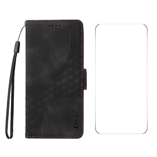 ENKAY Embossed Rhombus Starry Leather Phone Case with Screen Film, For iPhone 16 Pro Max, For iPhone 16 Pro, For iPhone 16 Plus, For iPhone 16