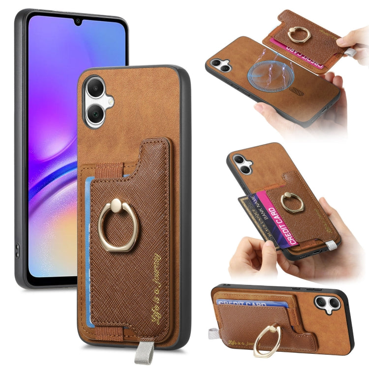 Retro Cross Leather Ring Horizontal Insert Card Bag MagSafe Phone Case, For Samsung Galaxy S24 FE 5G, For Samsung Galaxy XCover 7, For Samsung Galaxy A55 5G, For Samsung Galaxy A35 5G