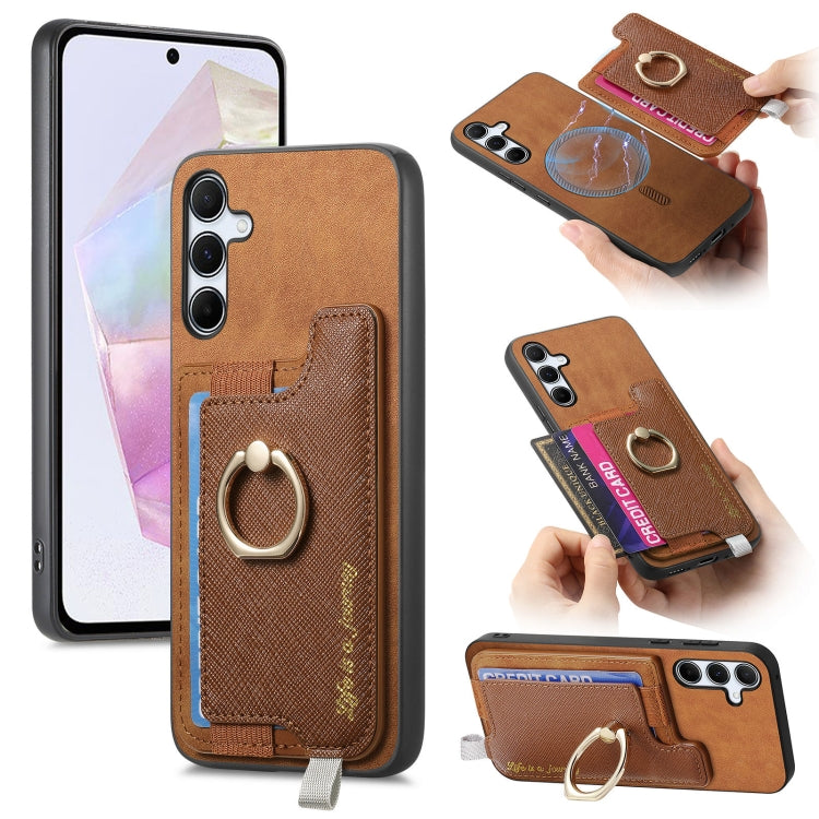 Retro Cross Leather Ring Horizontal Insert Card Bag MagSafe Phone Case, For Samsung Galaxy S24 FE 5G, For Samsung Galaxy XCover 7, For Samsung Galaxy A55 5G, For Samsung Galaxy A35 5G