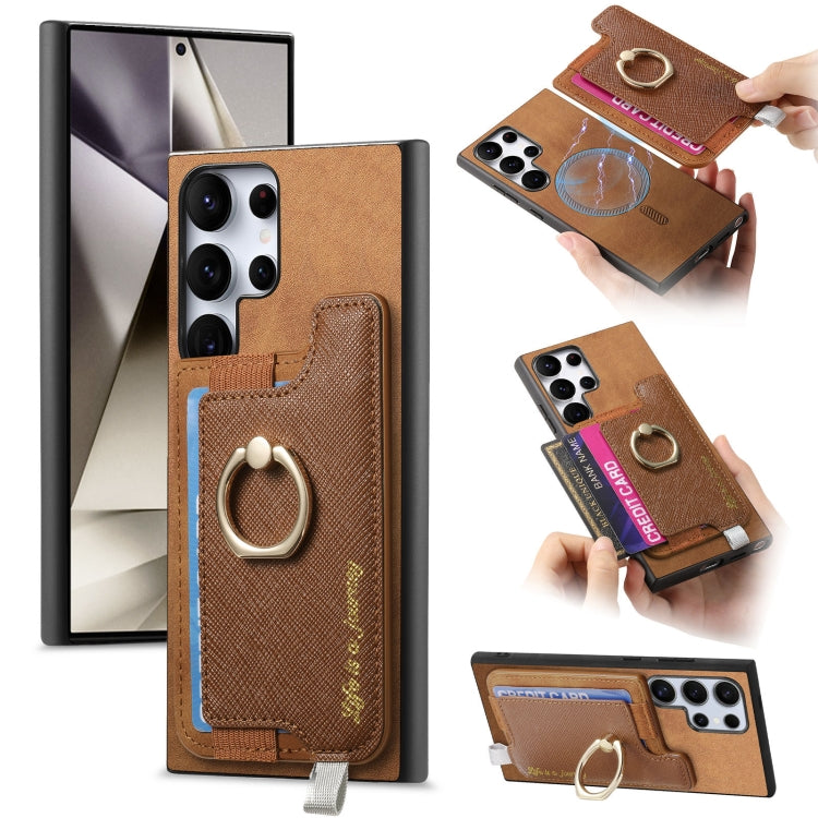 Retro Cross Leather Ring Horizontal Insert Card Bag MagSafe Phone Case, For Samsung Galaxy S24 Ultra 5G, For Samsung Galaxy S24+ 5G, For Samsung Galaxy S24 5G, For Samsung Galaxy A15