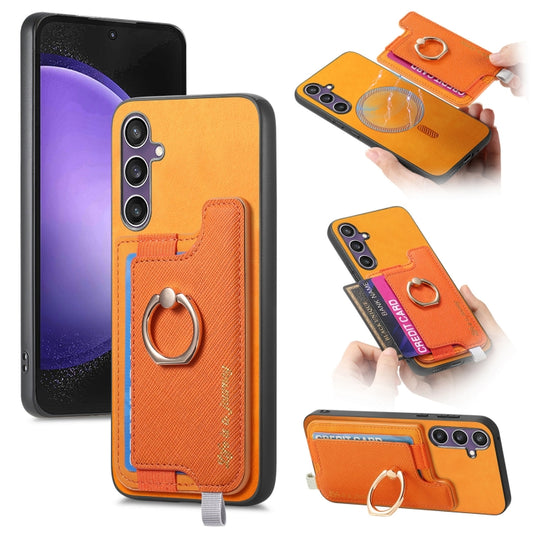 Retro Cross Leather Ring Horizontal Insert Card Bag MagSafe Phone Case, For Samsung Galaxy S23 FE 5G, For Samsung Galaxy M14 5G, For Samsung Galaxy A24 5G